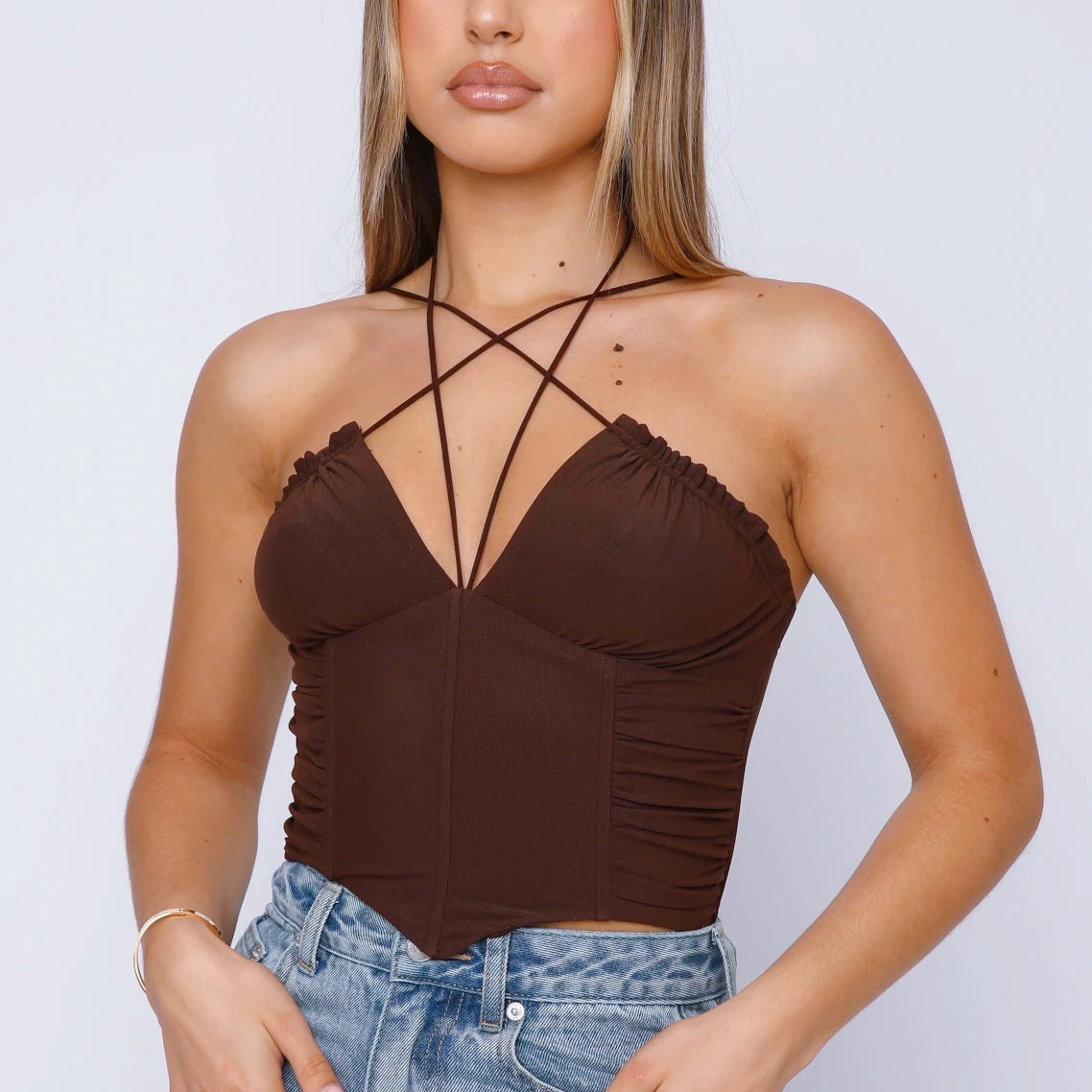 Women's Herringbone Pleated Cross Camisole Tank Top