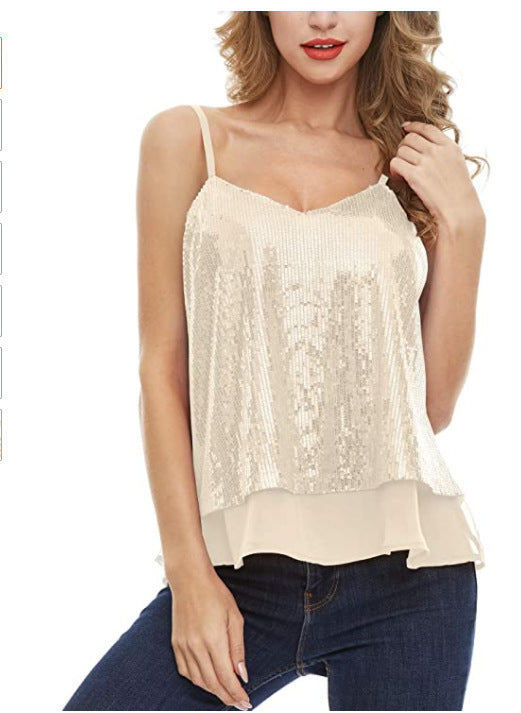 Sequin V-Neck Camisole Cropped Loose Top