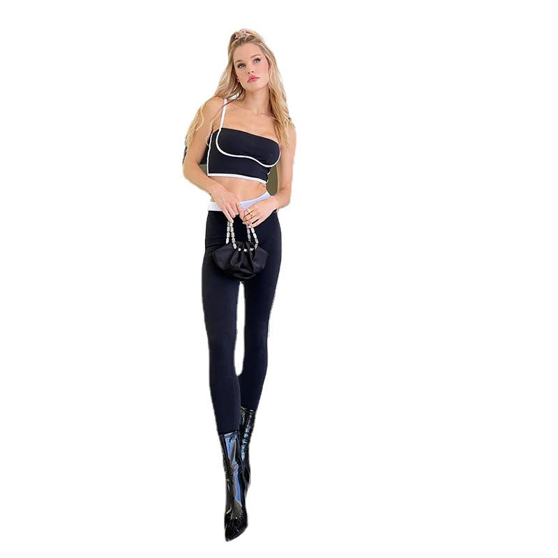 Black And White Color Contrast Suspender Top Exercise Leggings