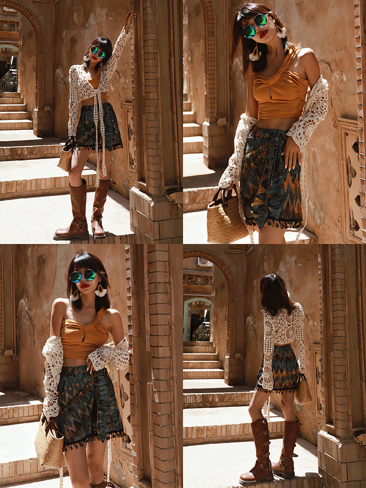 Women's Retro Oblique Shoulder Strap Vest Ethnic Print Short Skirt Two-piece Set