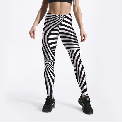 Spring New Black And White Striped Printed Ladies Slim Fit Leggings