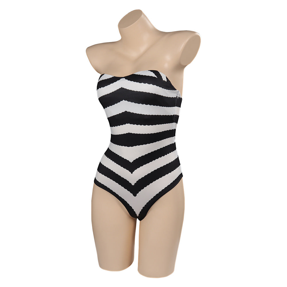 Basic Black And White Striped Swimsuit