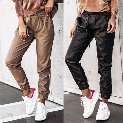 Simple Solid Color Tethered Waist Leggings Slim Leather Pants Women